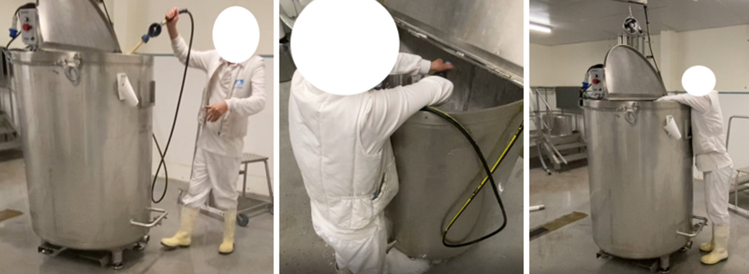 photo d'un opérateur en train laver une grande cuve bras en l'air